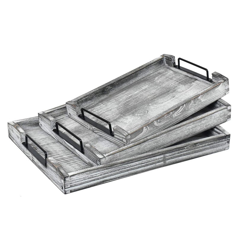 VERGOODR Country Rustic Torched Wood Nesting Breakfast Serving Trays with Handles, Set of 3 (White Grayish) - Image 1